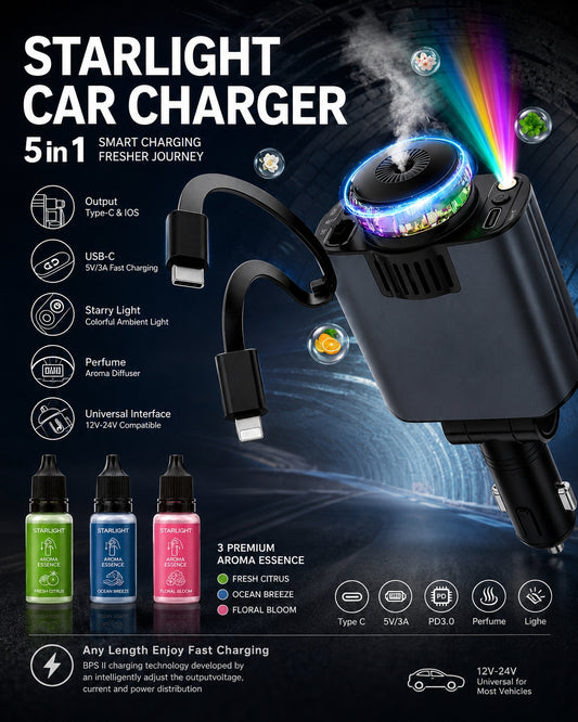 Retractable Car Charger with Starlight and Aromatherapy