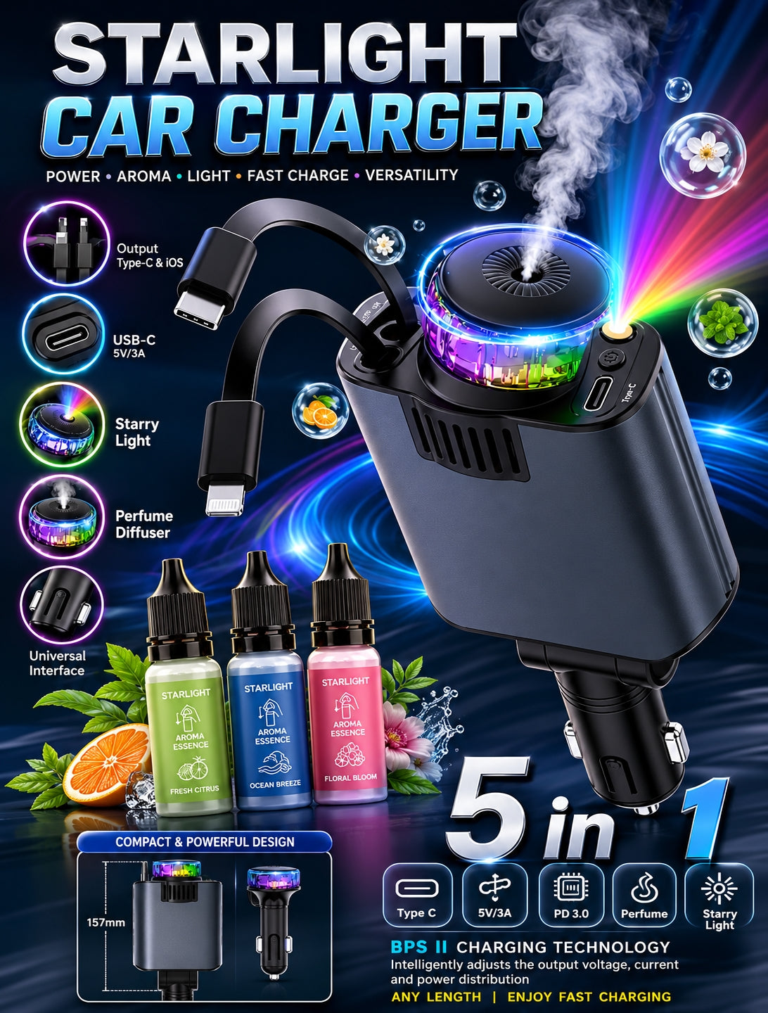 Retractable Car Charger with Starlight and Aromatherapy